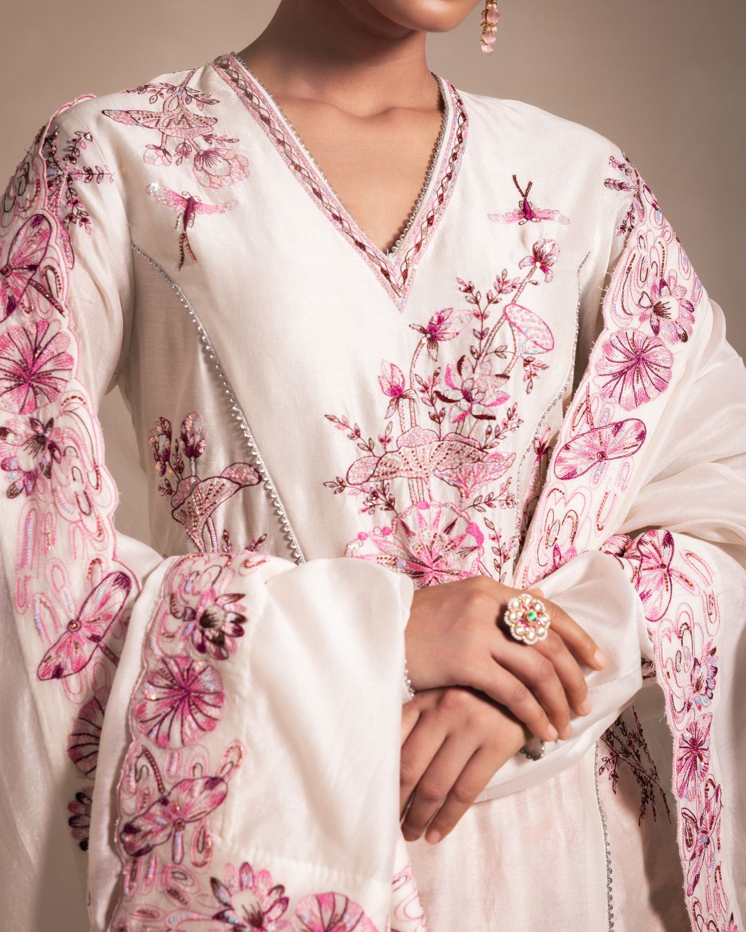 Ivory Chanderi Anarkali with Pink Embroidery