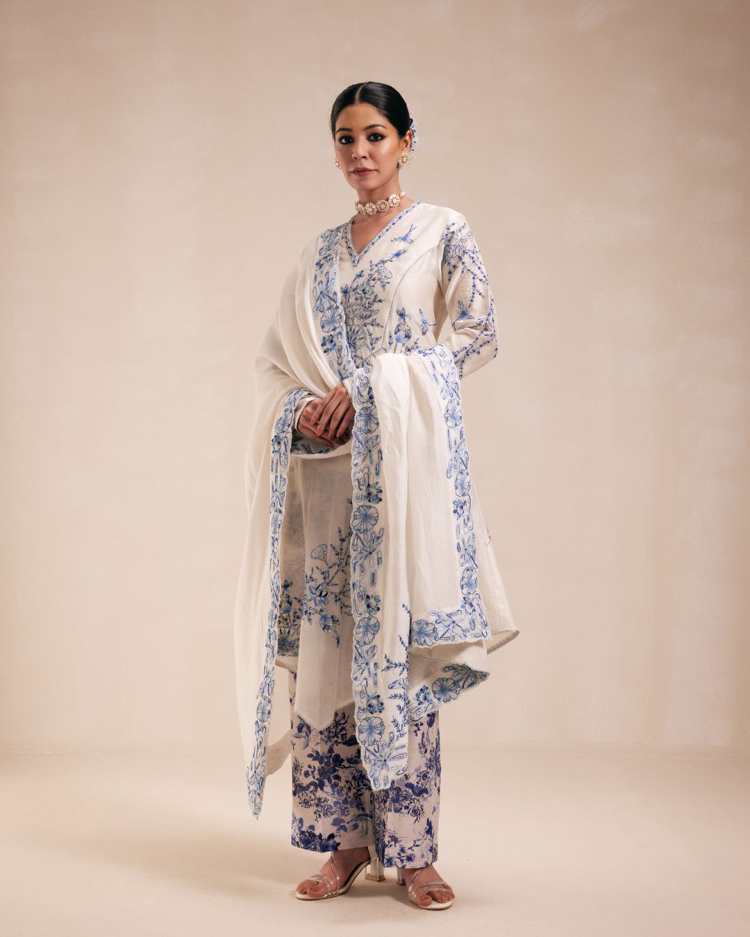 Ivory Chanderi Anarkali with Blue Embroidery
