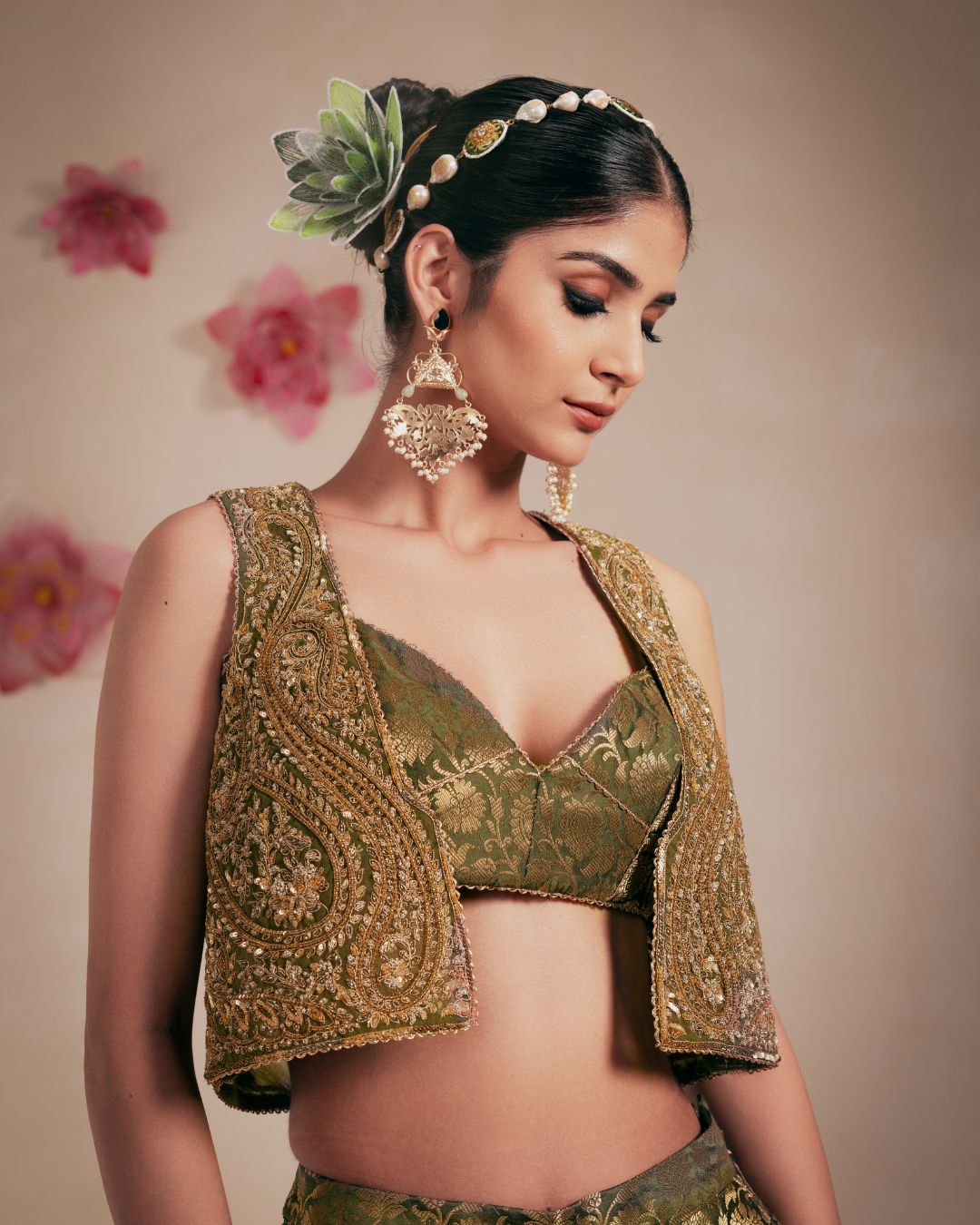 Olive Green Fully Embellished Crop Jacket