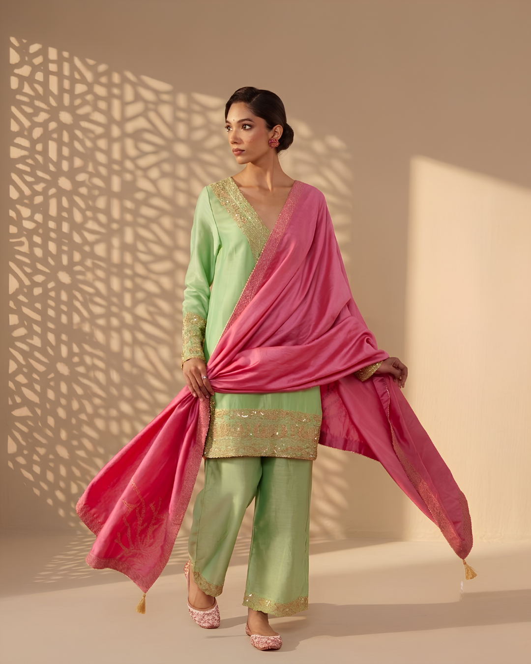Gold Yoke Embellished Pastel Green Kurta Set