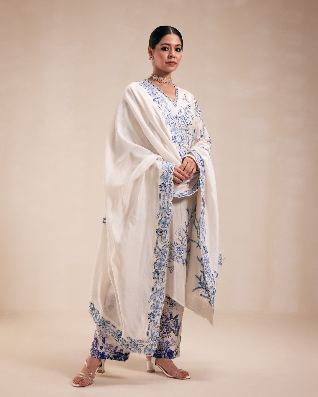 Ivory Chanderi Anarkali with Blue Embroidery