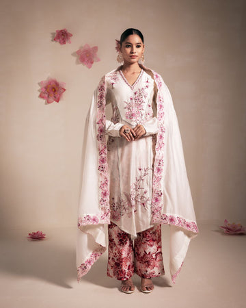 Ivory Chanderi Anarkali with Pink Embroidery