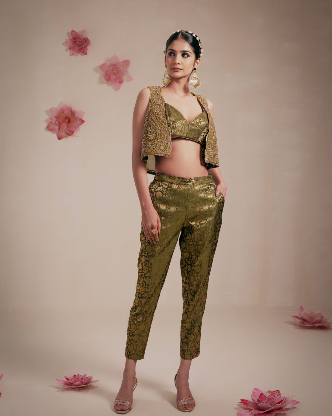 Olive Green Fully Embellished Crop Jacket