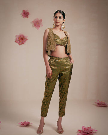 Olive Green Fully Embellished Crop Jacket
