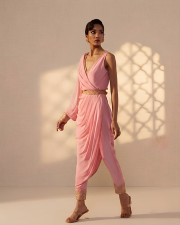 Pink Drape Style Jumpsuit With Embroidered Belt