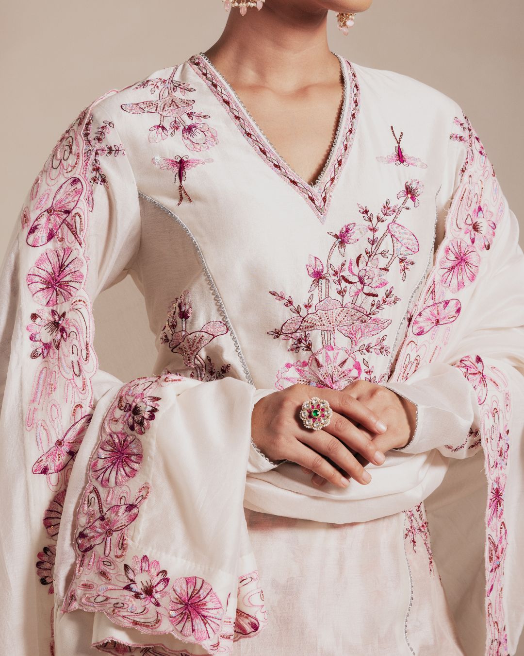 Ivory Chanderi Anarkali with Pink Embroidery