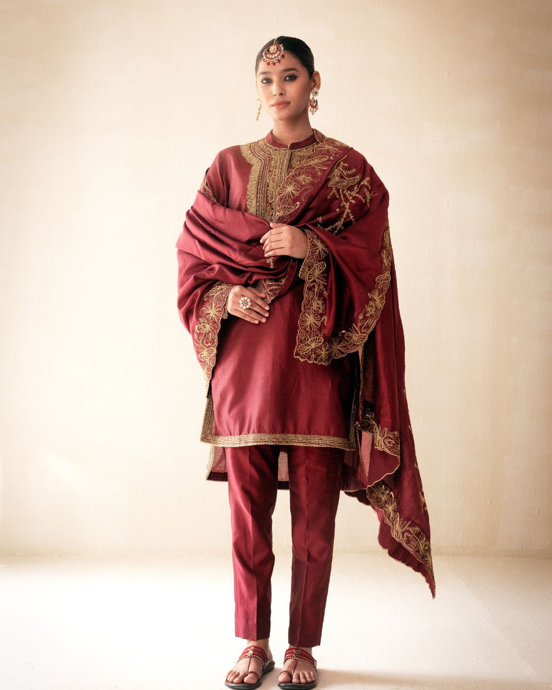Maroon High-Low Kurta Set