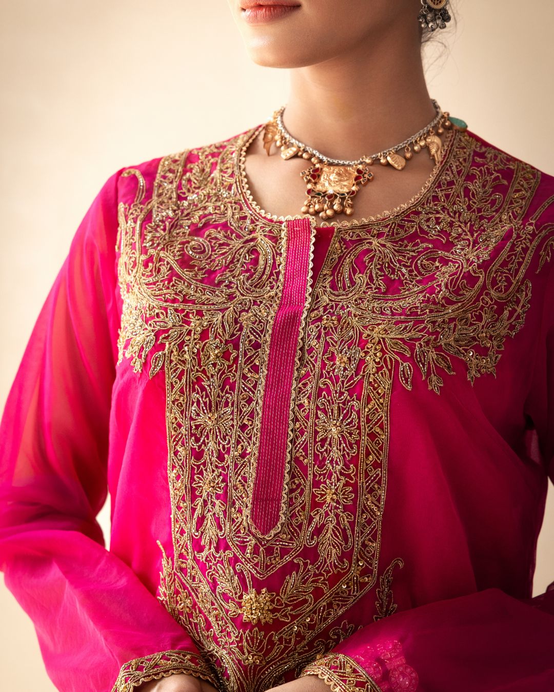 Pink Embroidered Organza Kurta Set