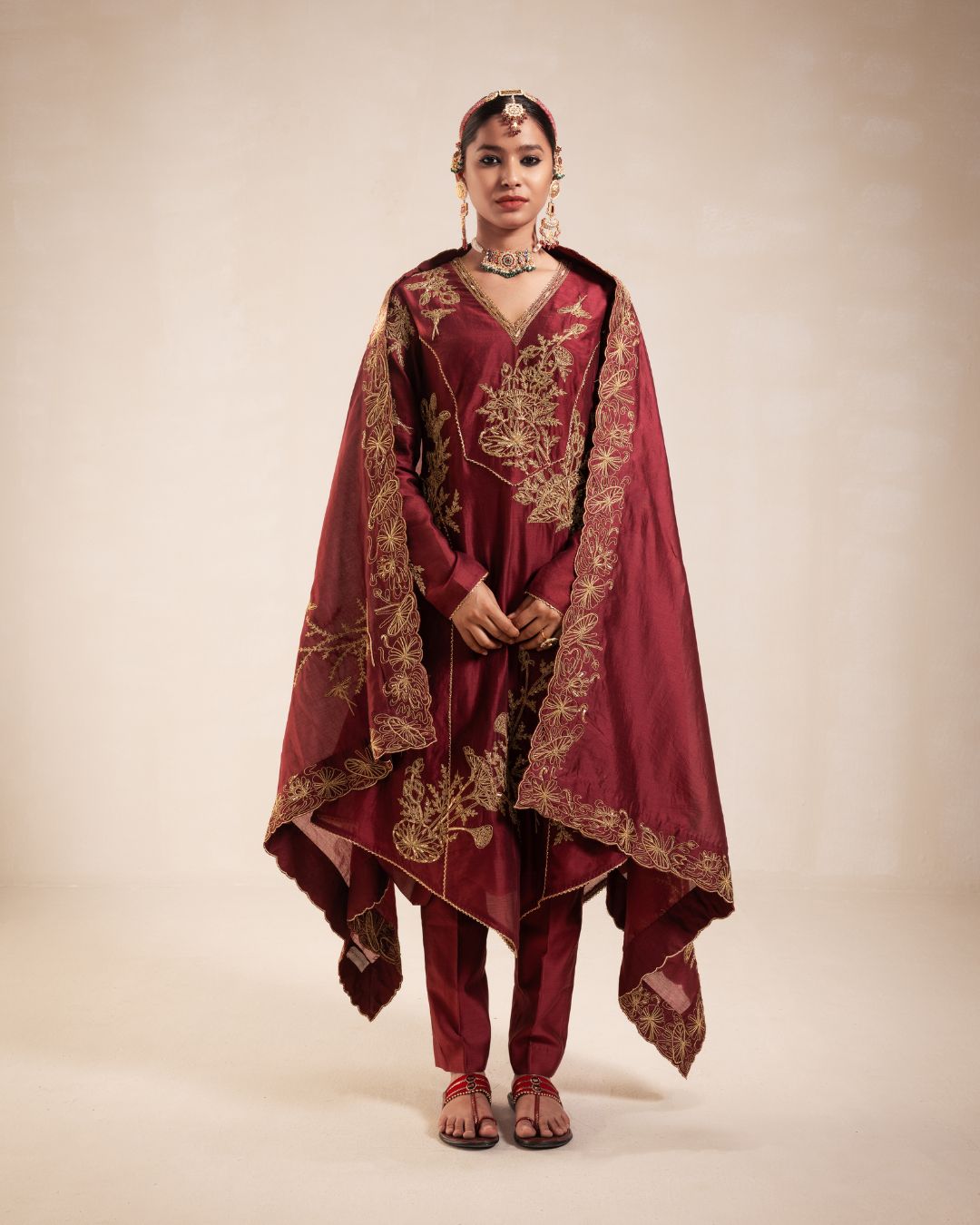 Maroon Chanderi Structured Kurta Set