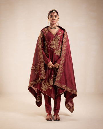 Maroon Chanderi Structured Kurta Set
