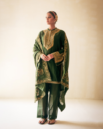 Green High-Low Kurta Set