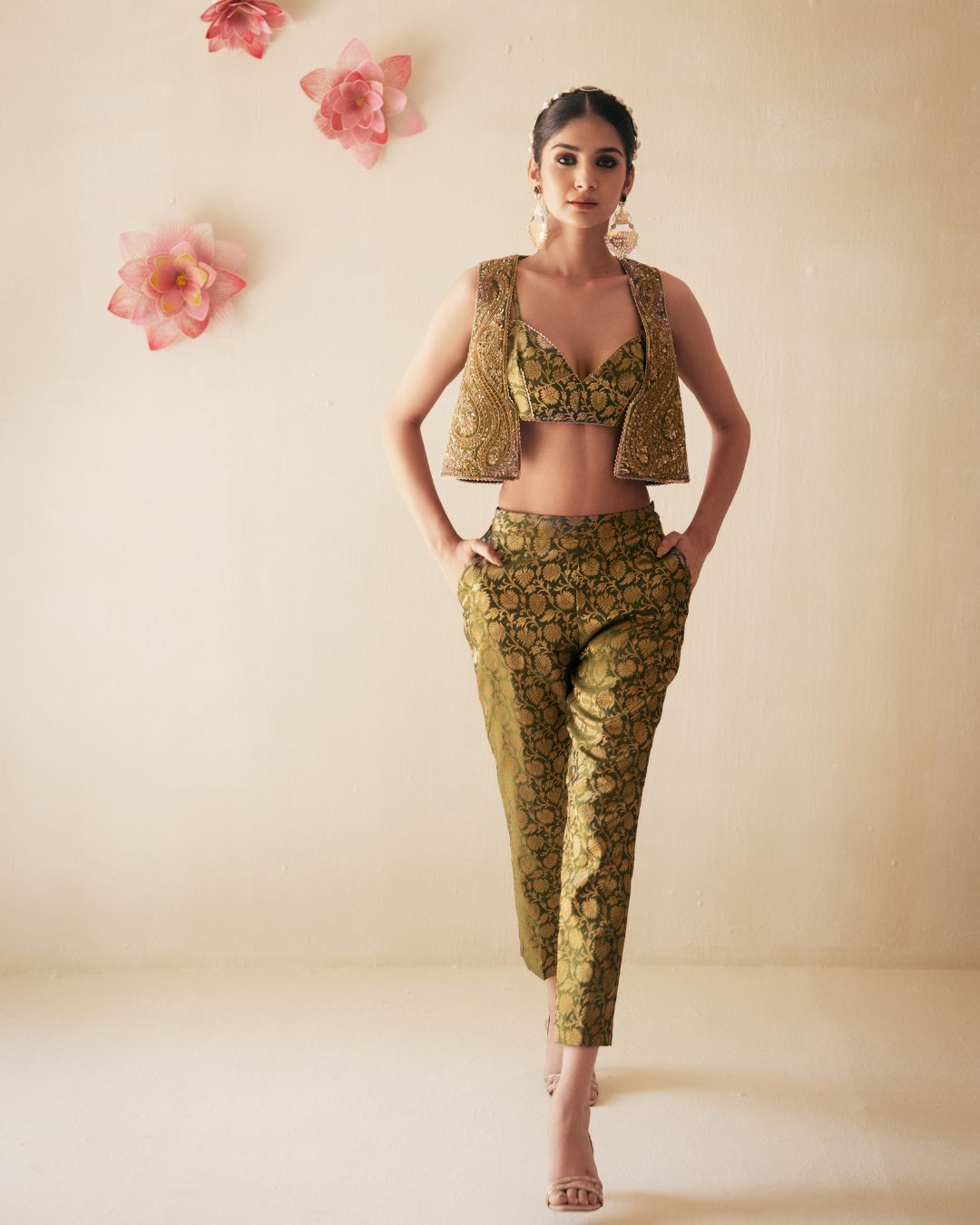 Olive Green Fully Embellished Crop Jacket