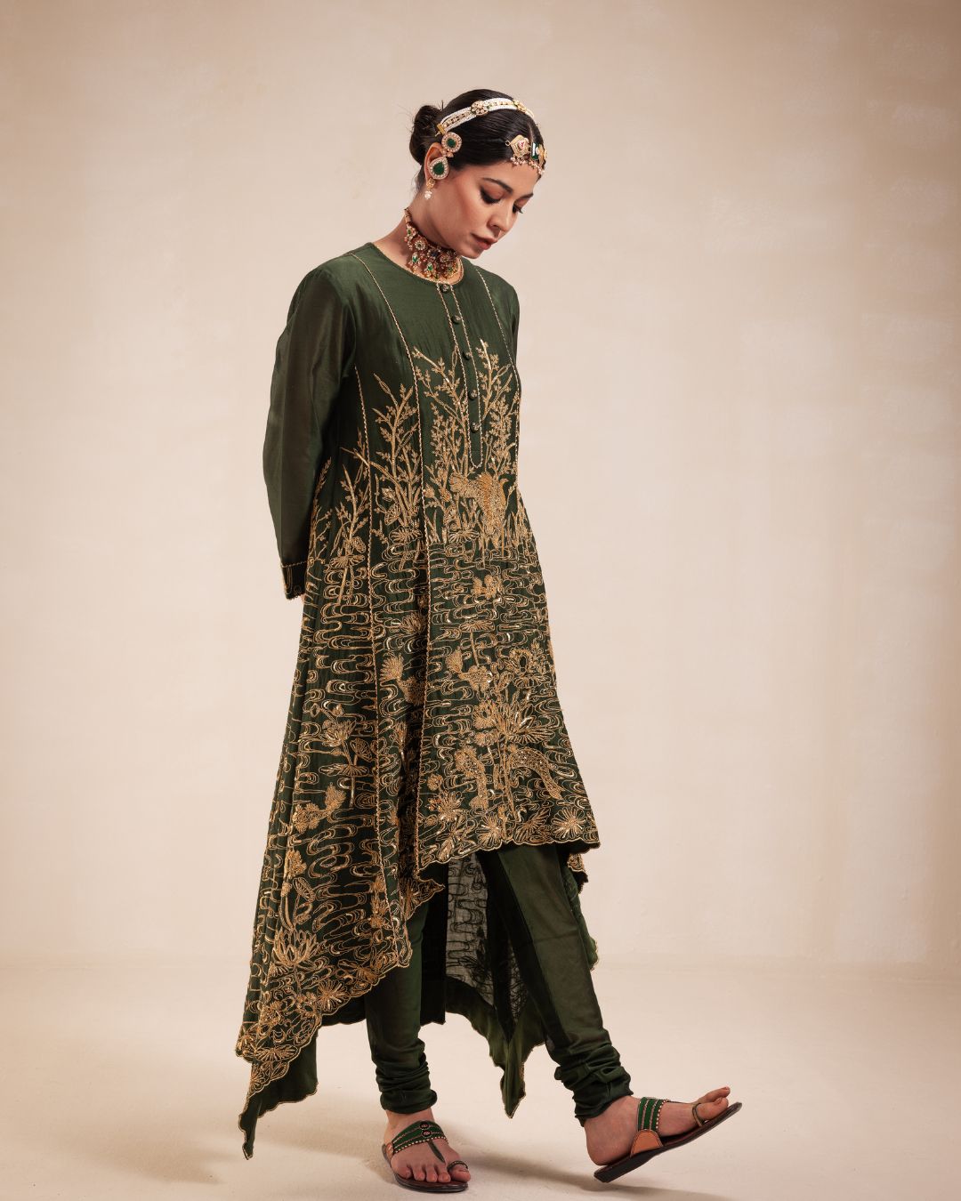 Green Chanderi High Low Anarkali