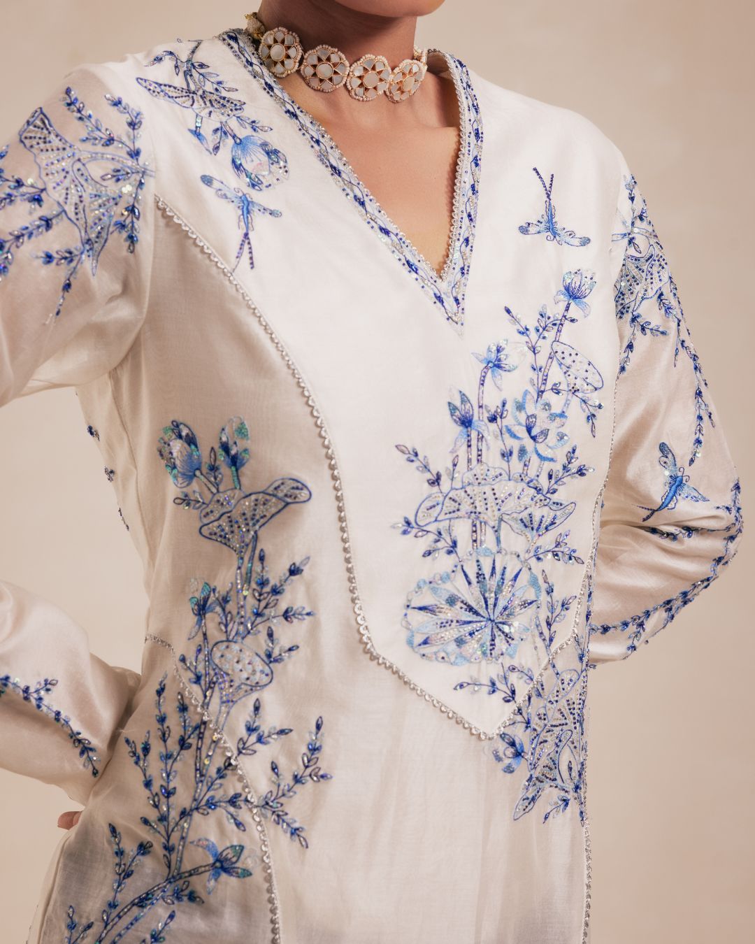 Ivory Chanderi Anarkali with Blue Embroidery