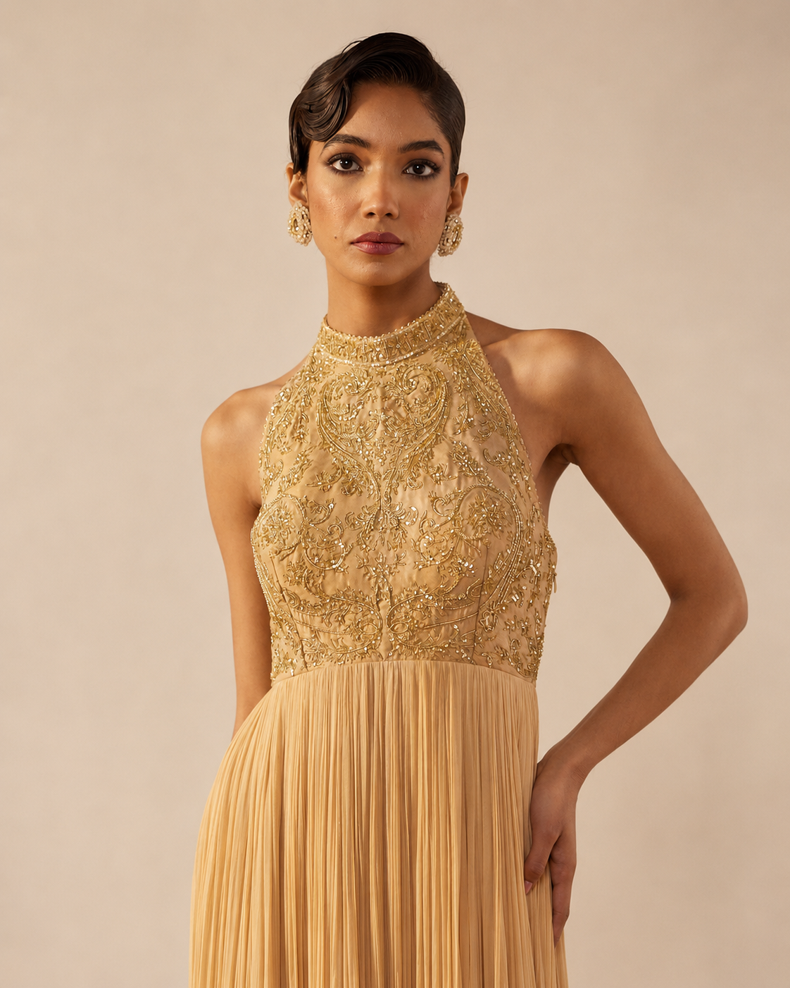 Beige Gold Halter Neck Embellished Dolly Dress