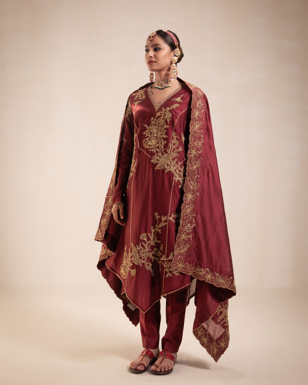 Maroon Chanderi Structured Kurta Set