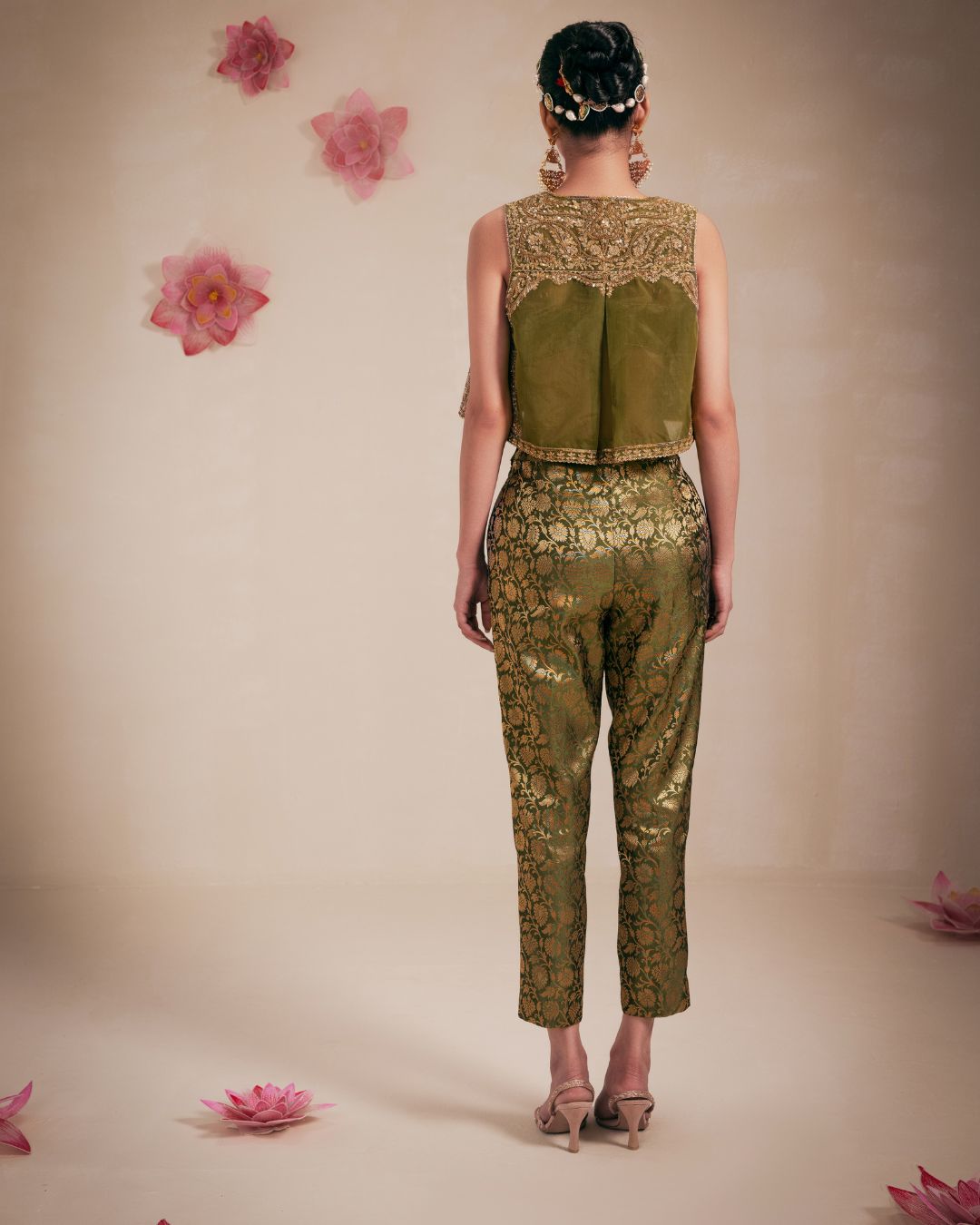 Olive Green Fully Embellished Crop Jacket