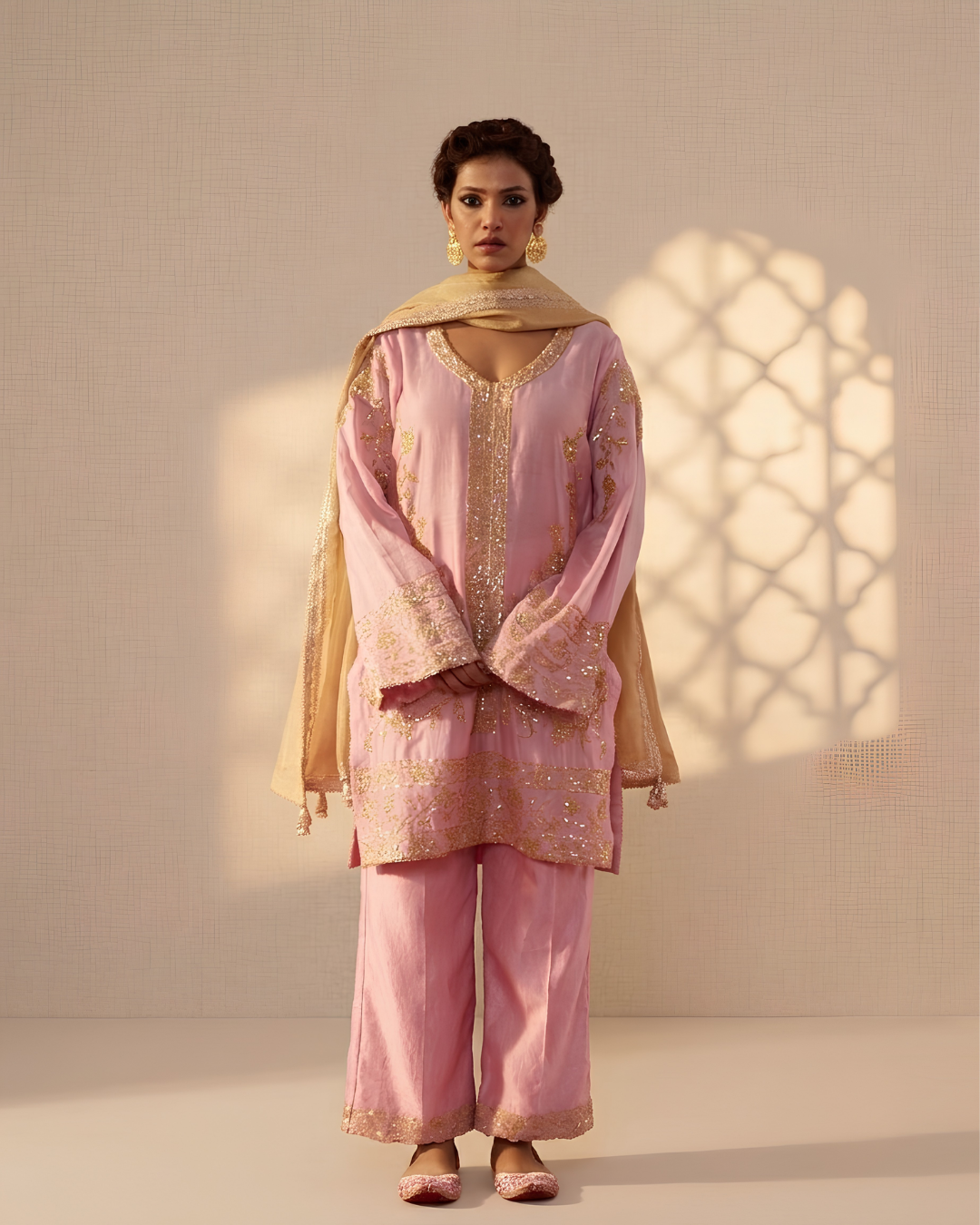 Pink Chanderi Silk Embroidered Short Kurta Set