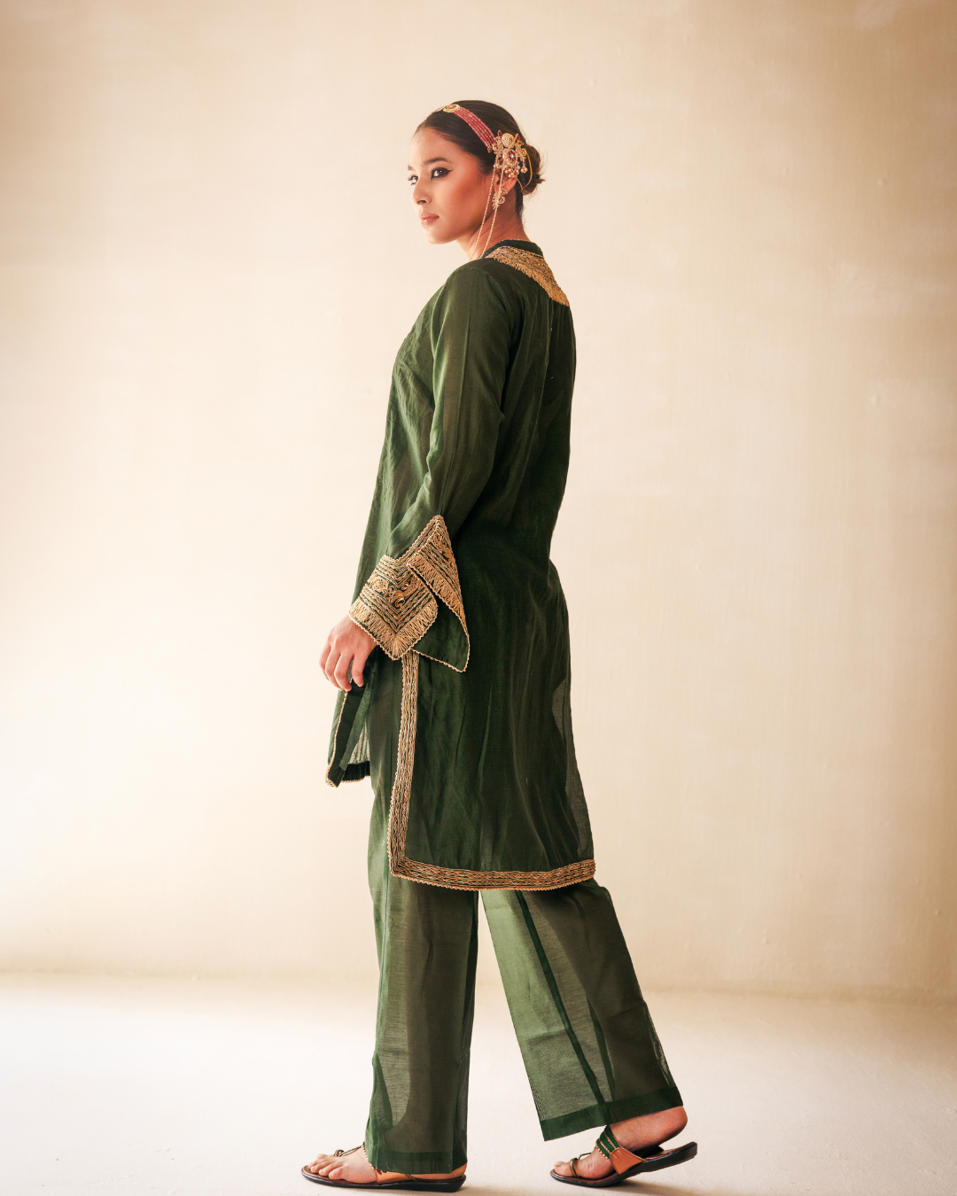 Green High-Low Kurta Set