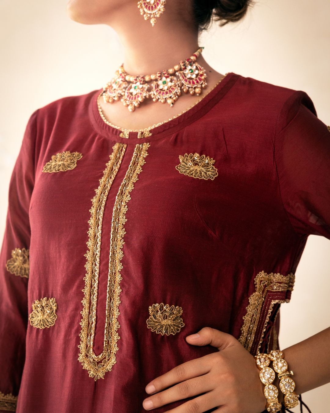 Maroon Chanderi Lucknowi Style Kurta