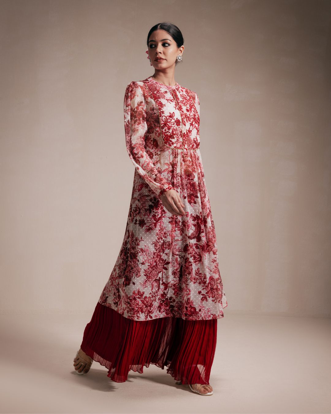 Maroon Embroidered Chiffon Sharara Set