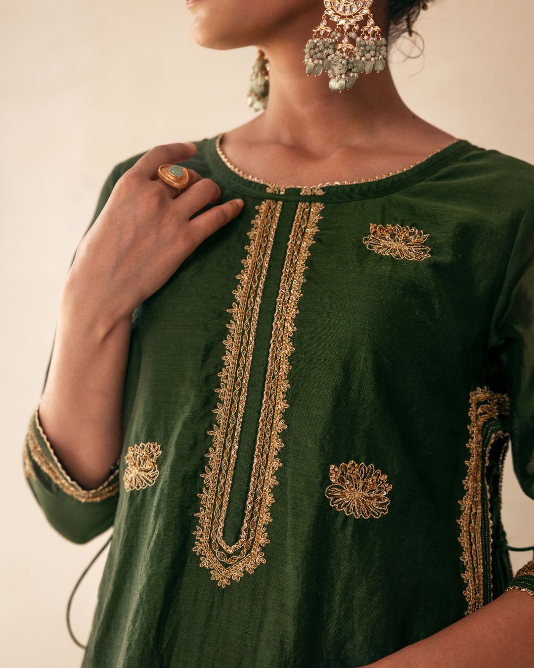 Green Embroidered Chanderi Kurta Dress