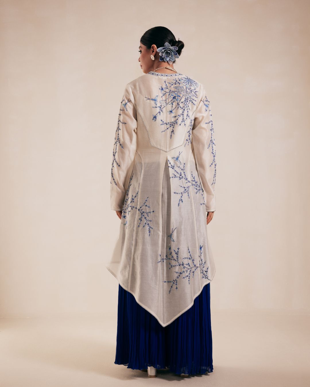 Ivory Chanderi Anarkali with Blue Embroidery