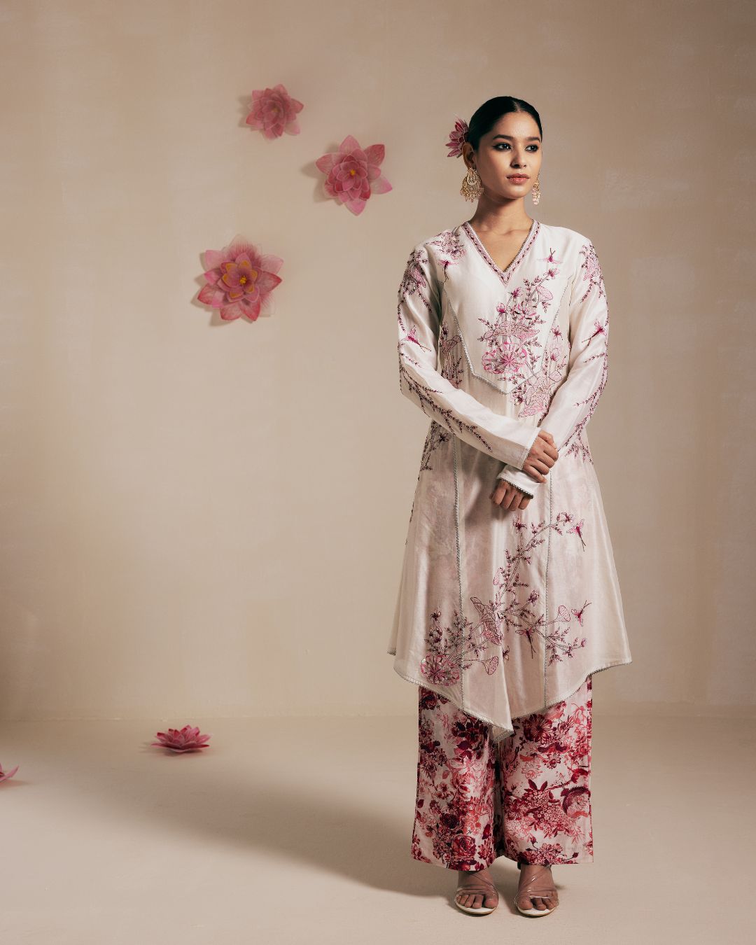 Ivory Chanderi Anarkali with Pink Embroidery