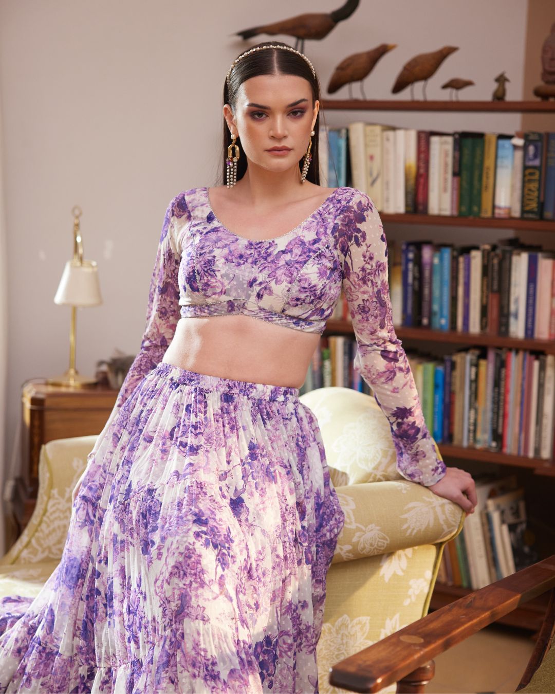 Purple Printed Skirt & Blouse Set