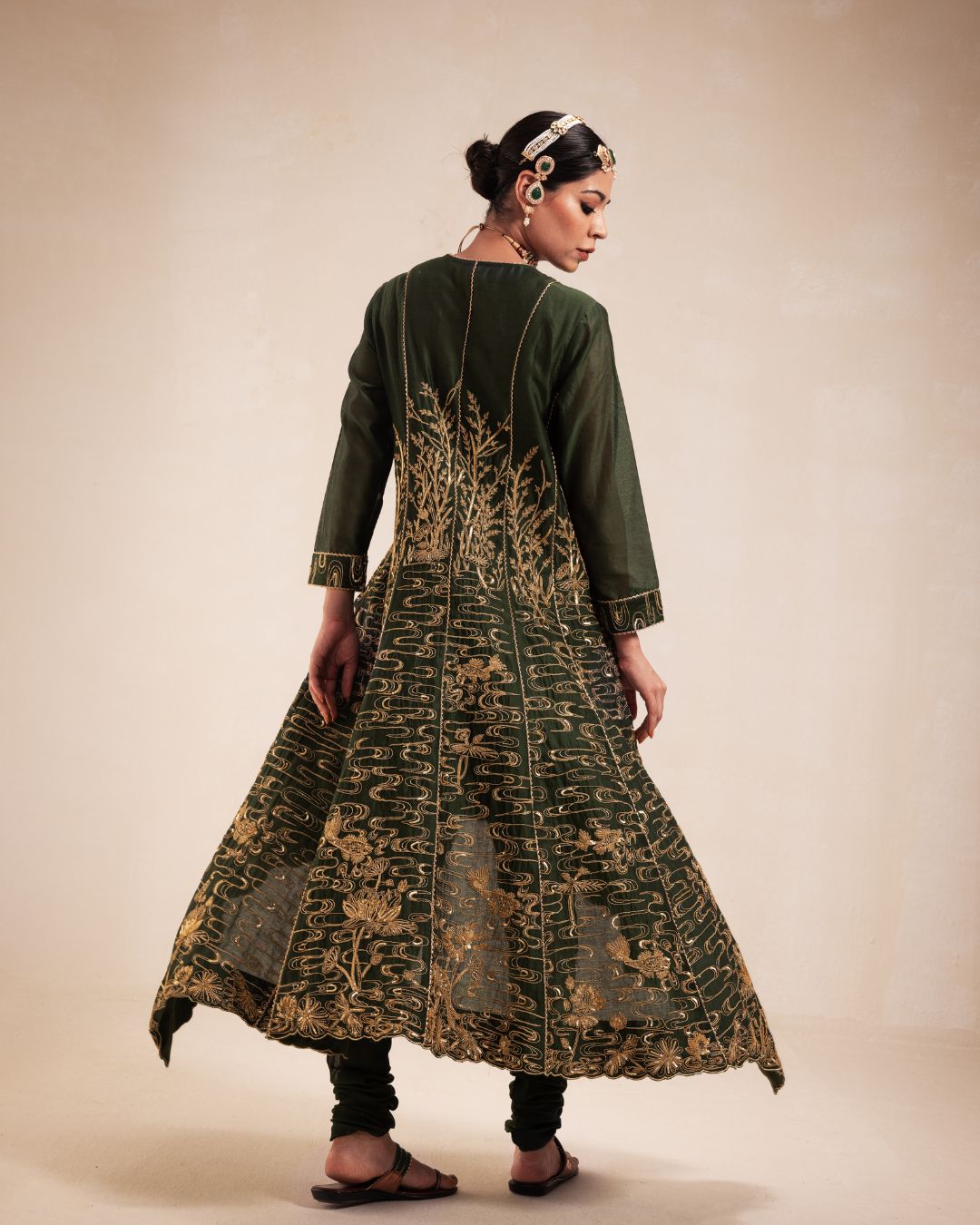 Green Chanderi High Low Anarkali