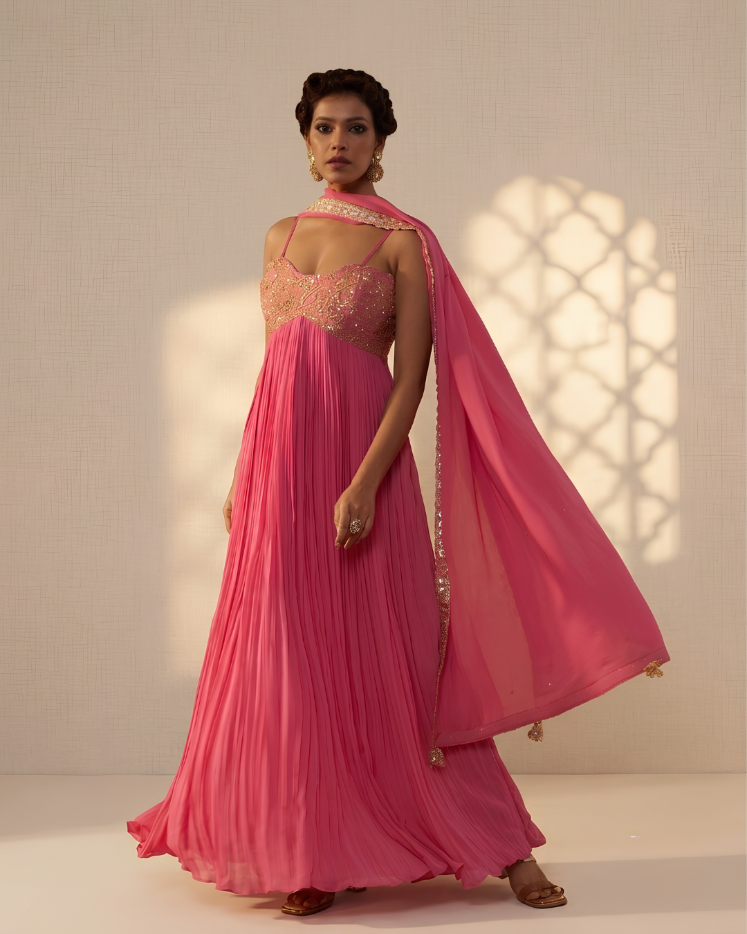 Hot Pink Gathered Anarkali Georgette Dress