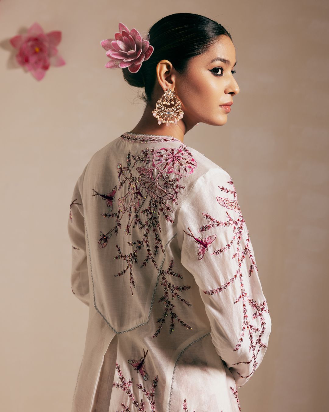 Ivory Chanderi Anarkali with Pink Embroidery
