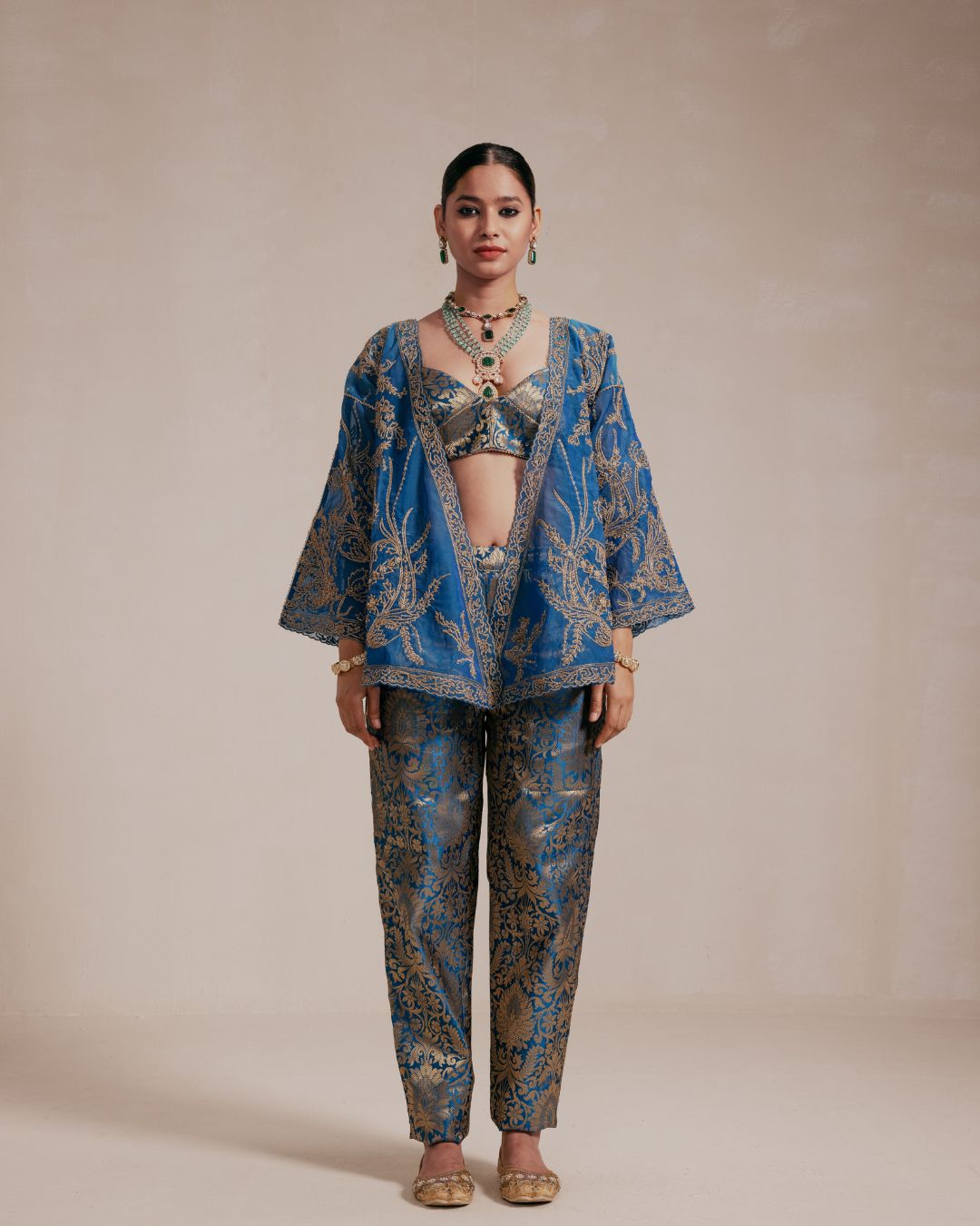 Full Embellished Teal Blue Kimono Style Jacket