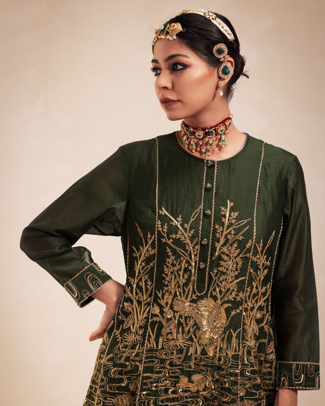 Green Chanderi High Low Anarkali