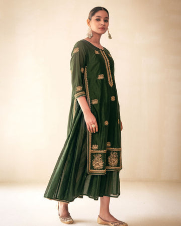 Green Embroidered Chanderi Kurta Dress
