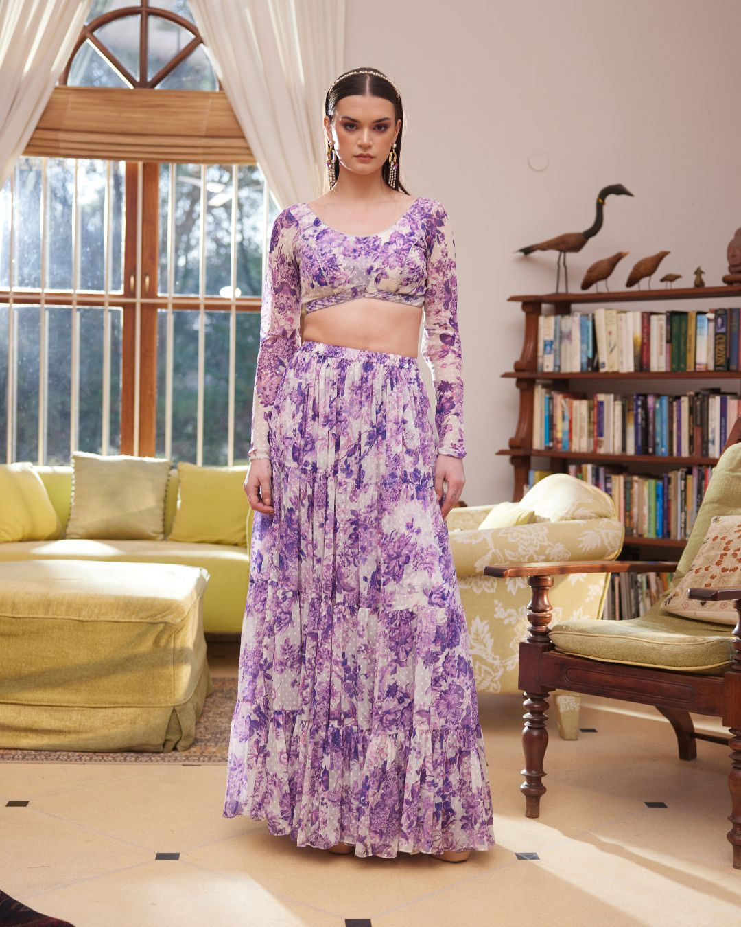 Purple Printed Skirt & Blouse Set