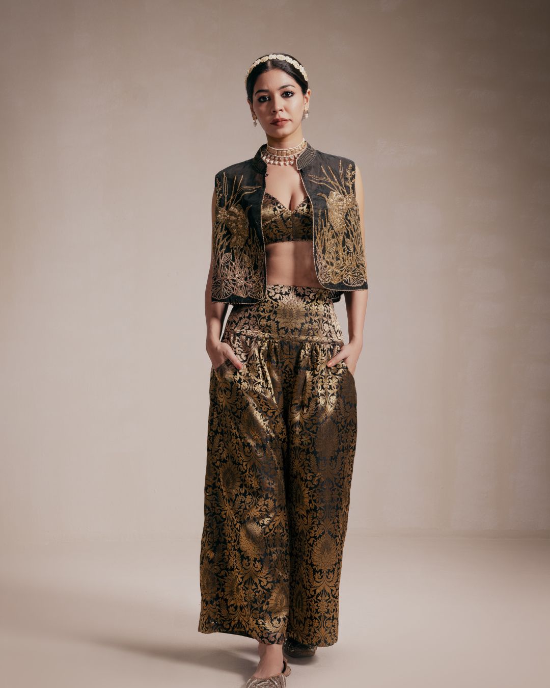 Gold Embroidered Jacket & Pants Co-ord