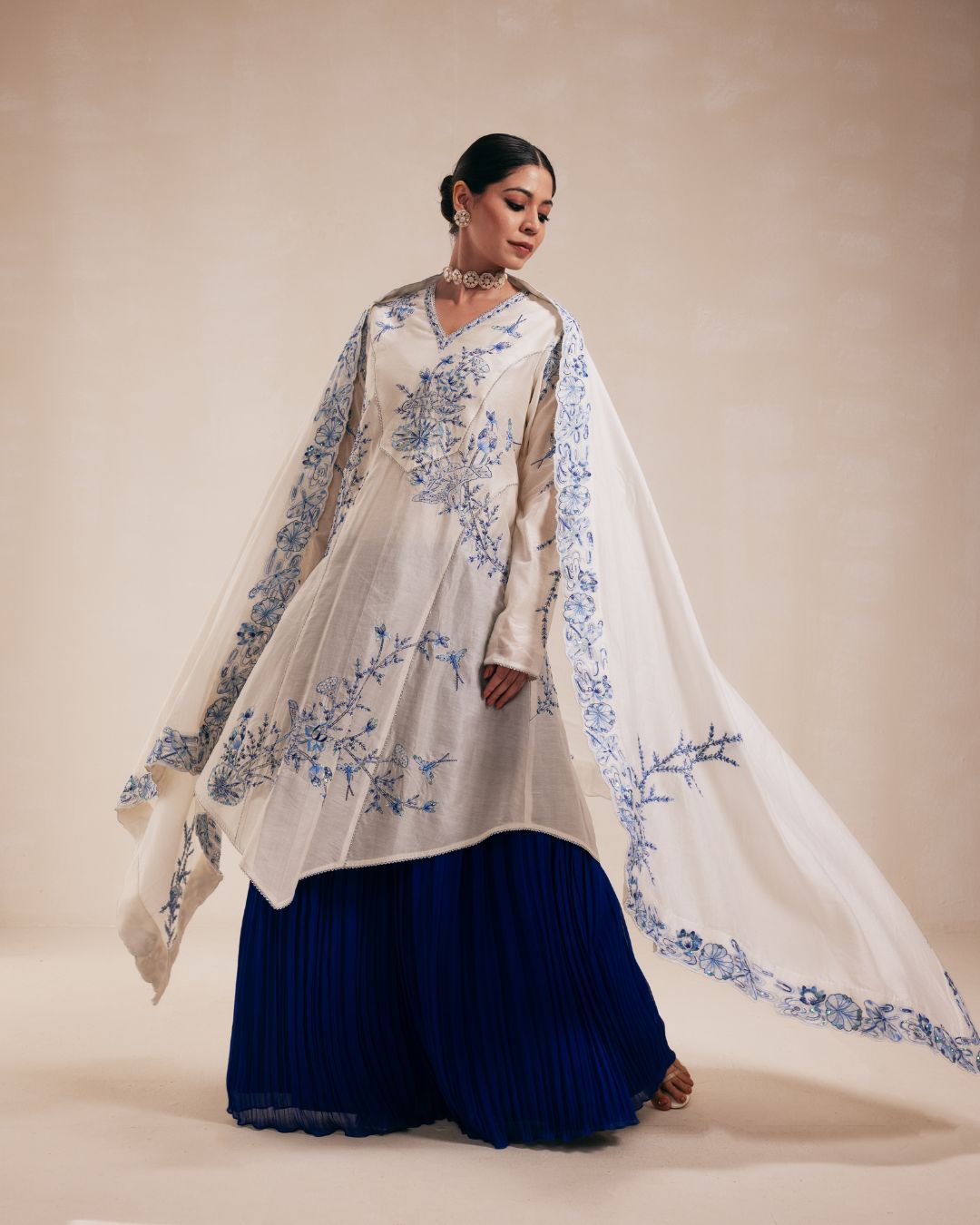 Ivory Chanderi Anarkali with Blue Embroidery