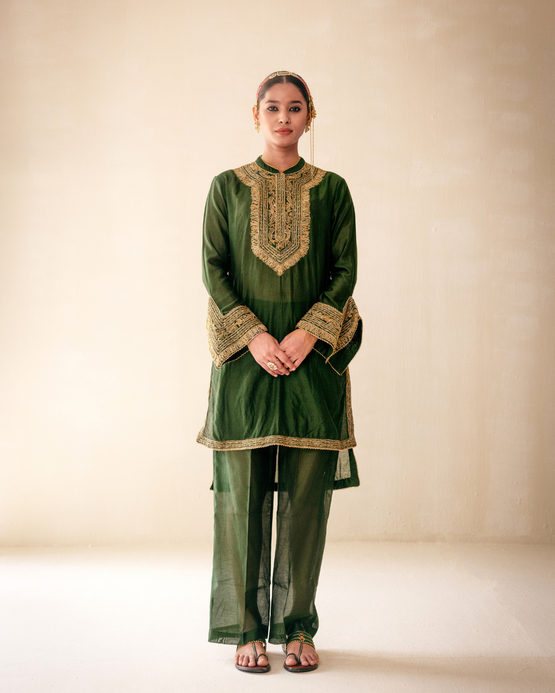 Green High-Low Kurta Set