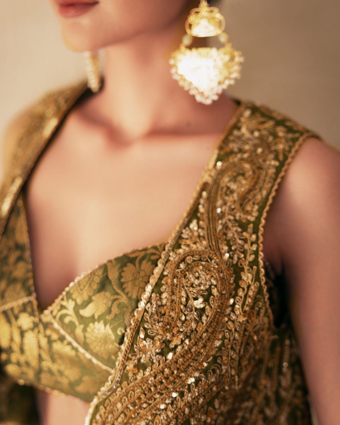 Olive Green Fully Embellished Crop Jacket