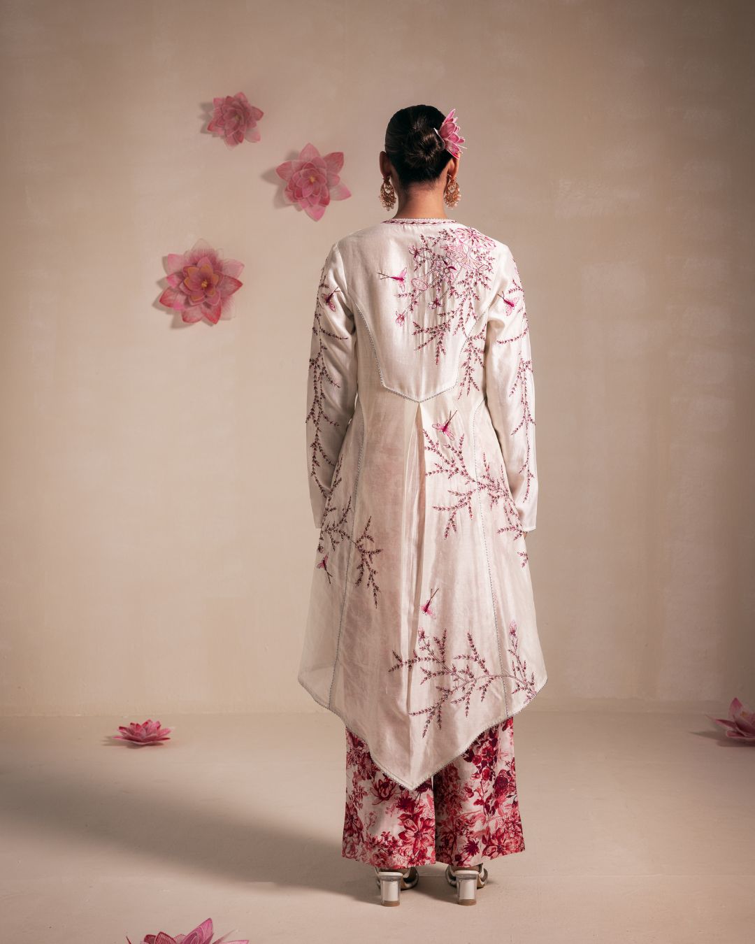 Ivory Chanderi Anarkali with Pink Embroidery