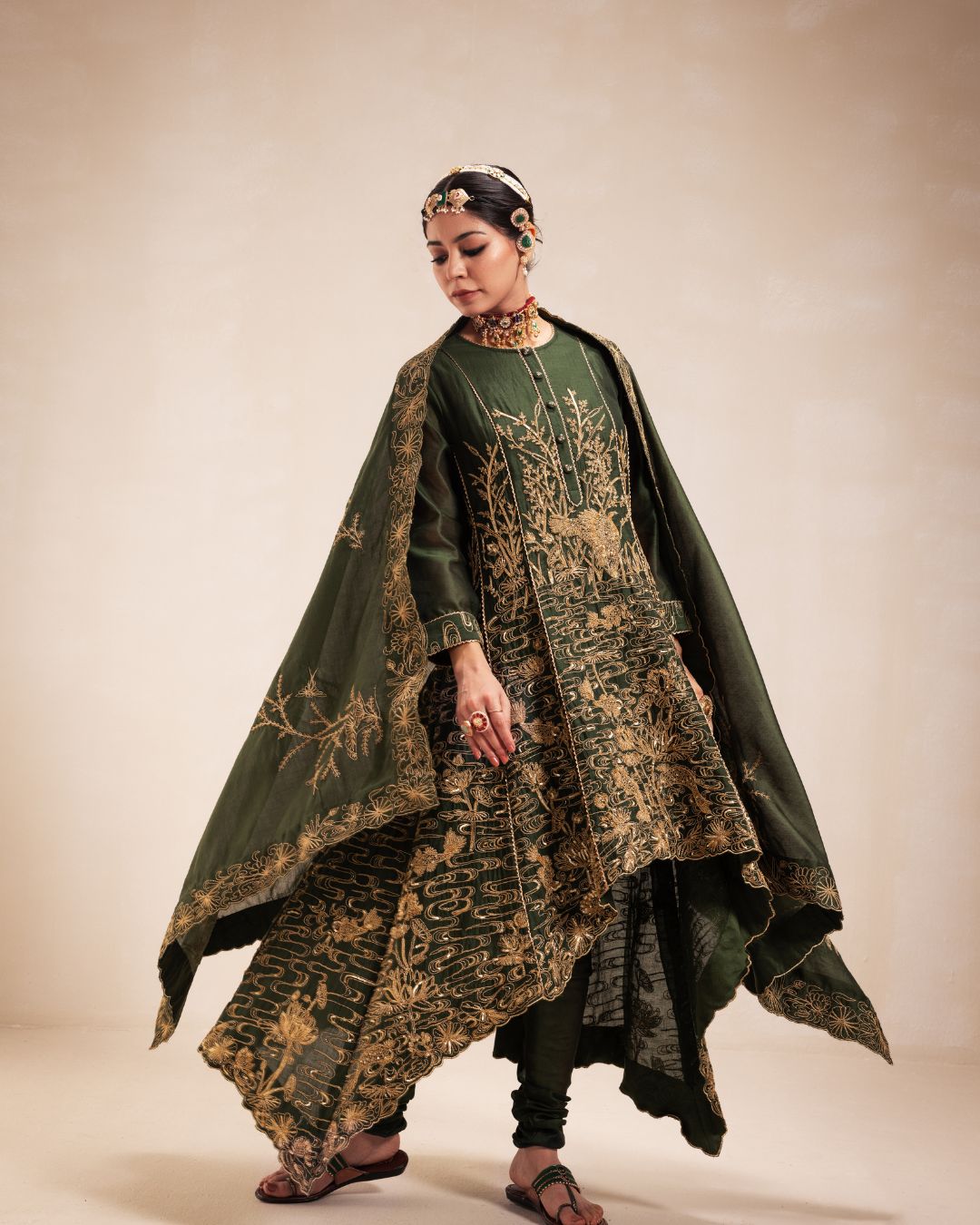 Green Chanderi High Low Anarkali
