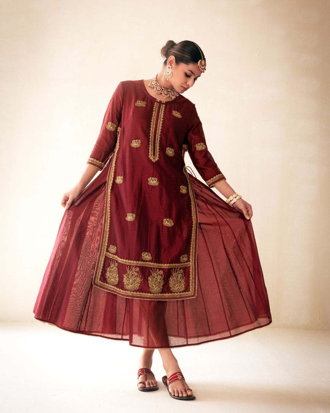 Maroon Chanderi Lucknowi Style Kurta