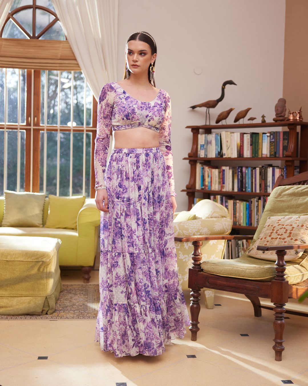Purple Printed Skirt & Blouse Set
