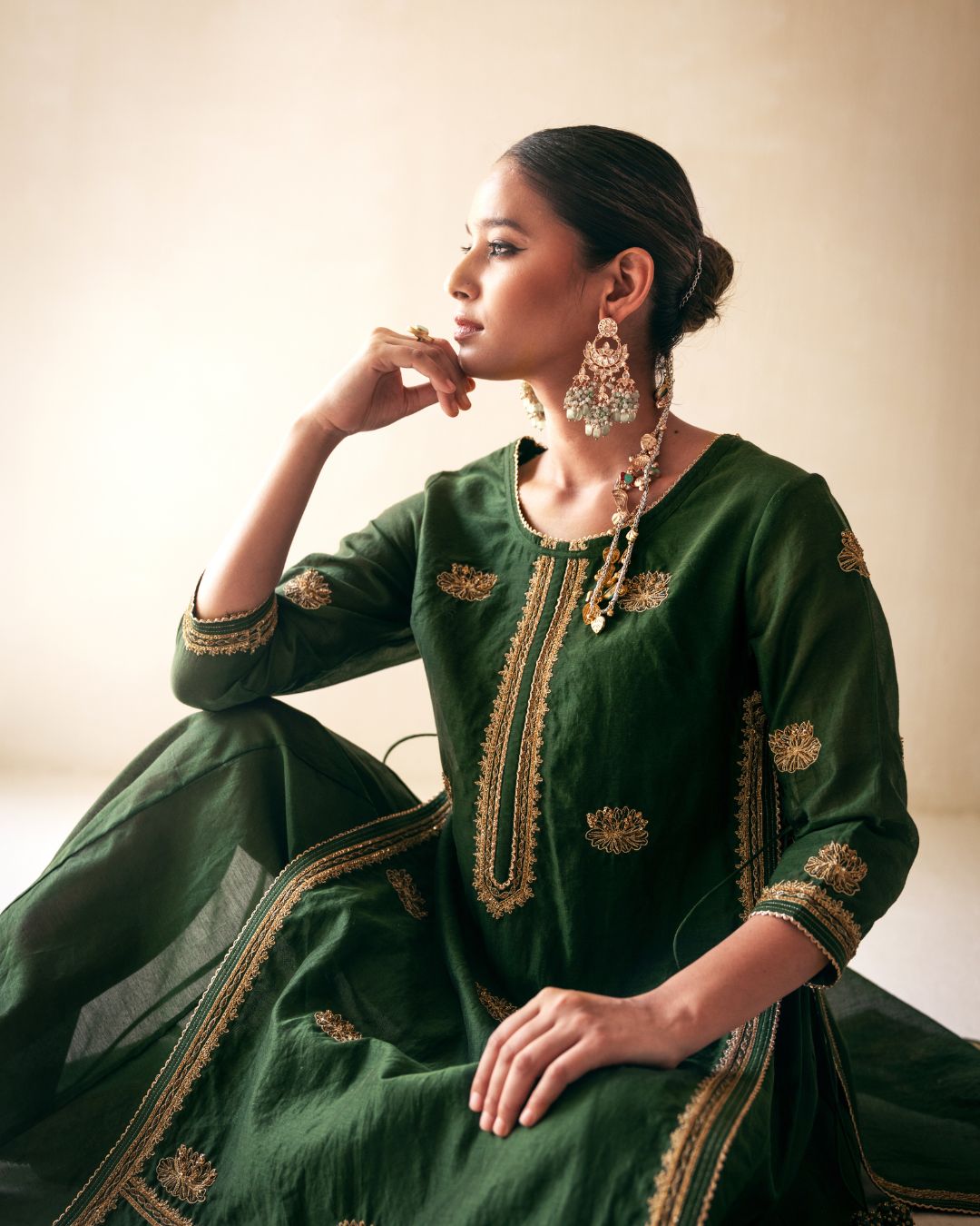 Green Chanderi Lucknowi Style Kurta