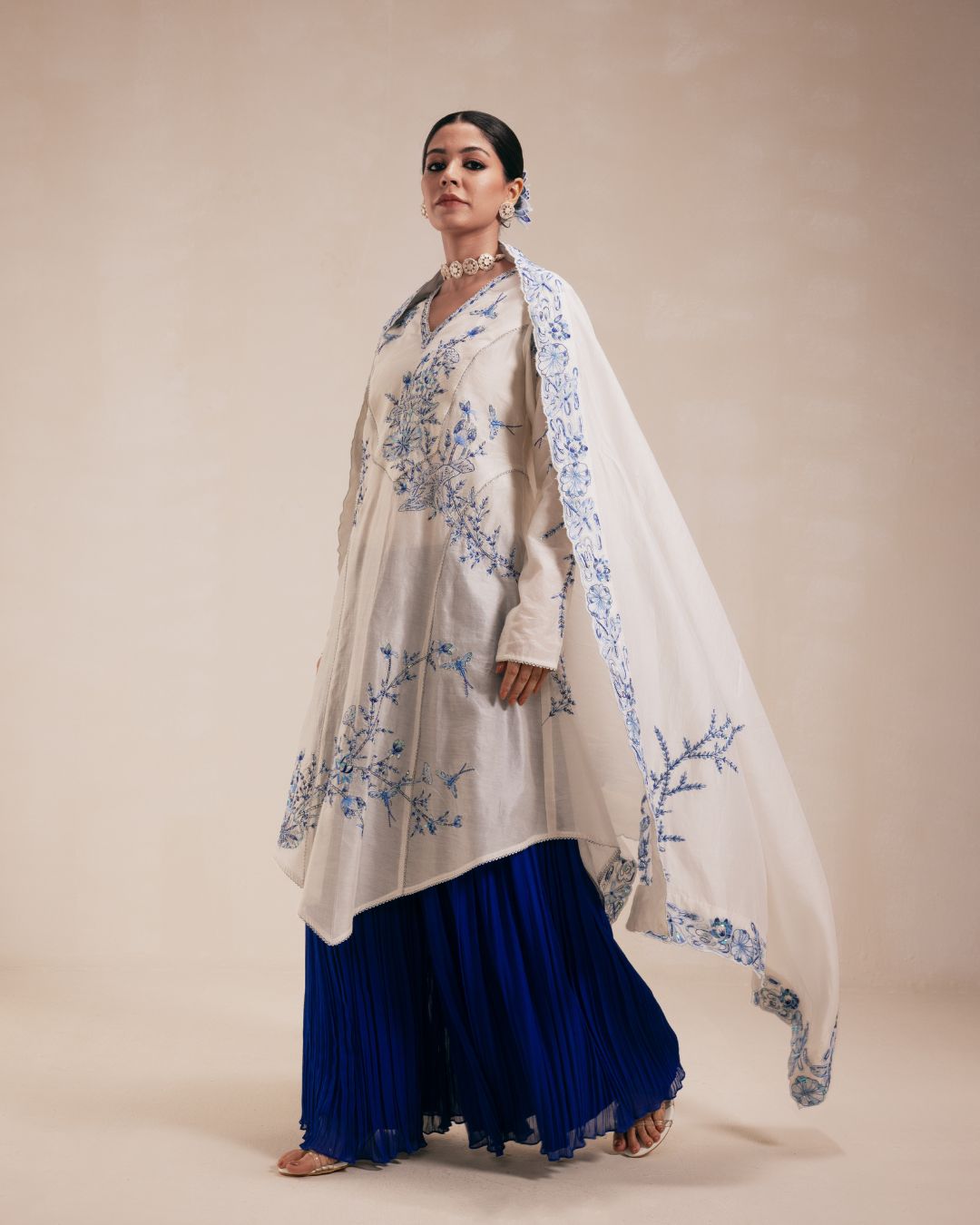 Ivory Chanderi Anarkali with Blue Embroidery