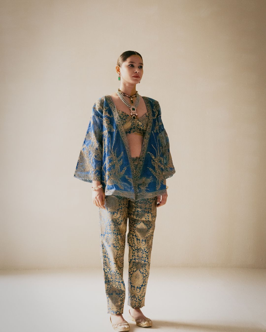 Full Embellished Teal Blue Kimono Style Jacket