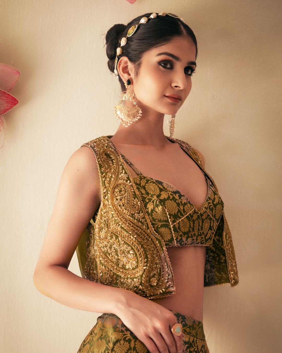 Olive Green Fully Embellished Crop Jacket
