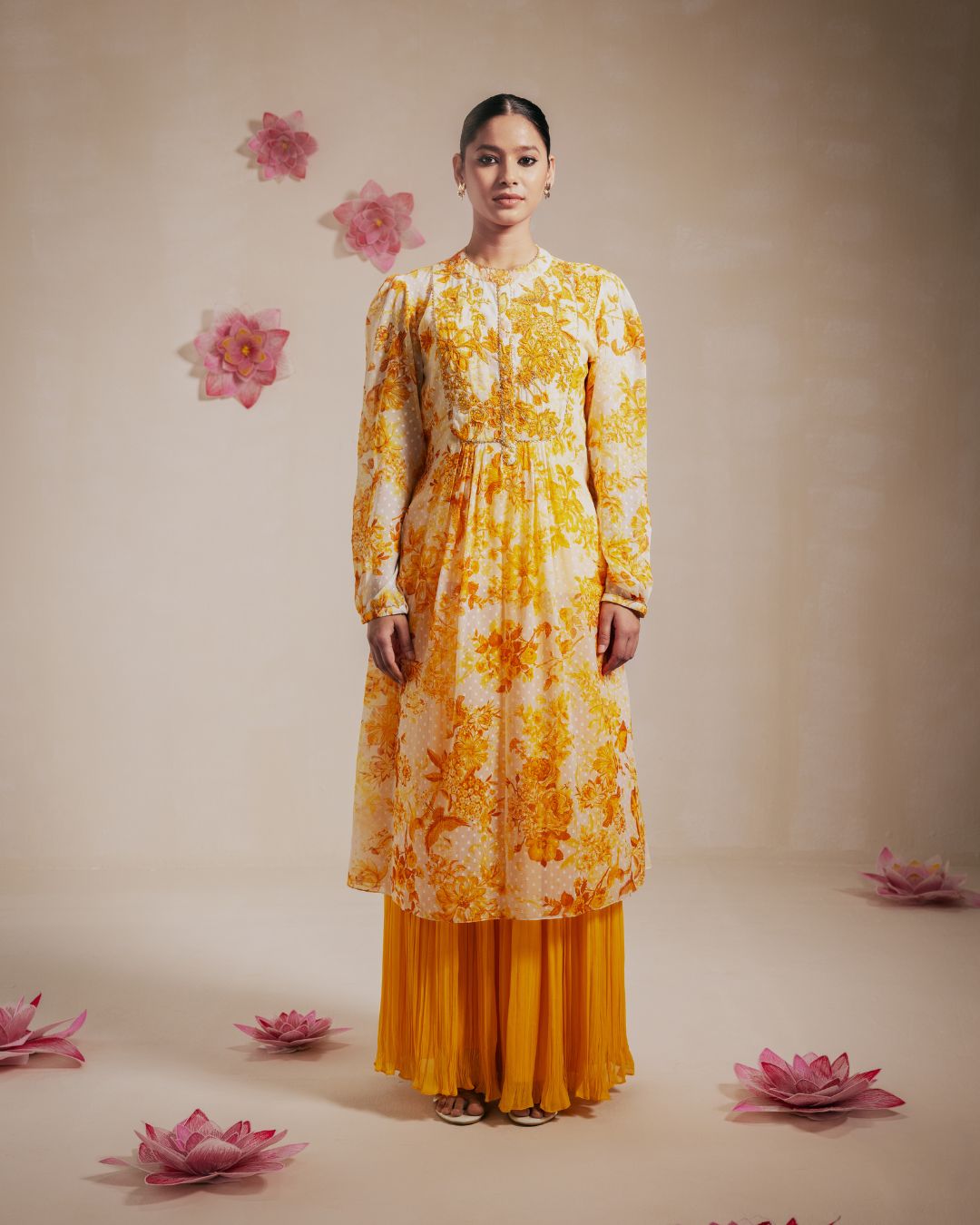 Yellow Embroidered Chiffon Sharara Set