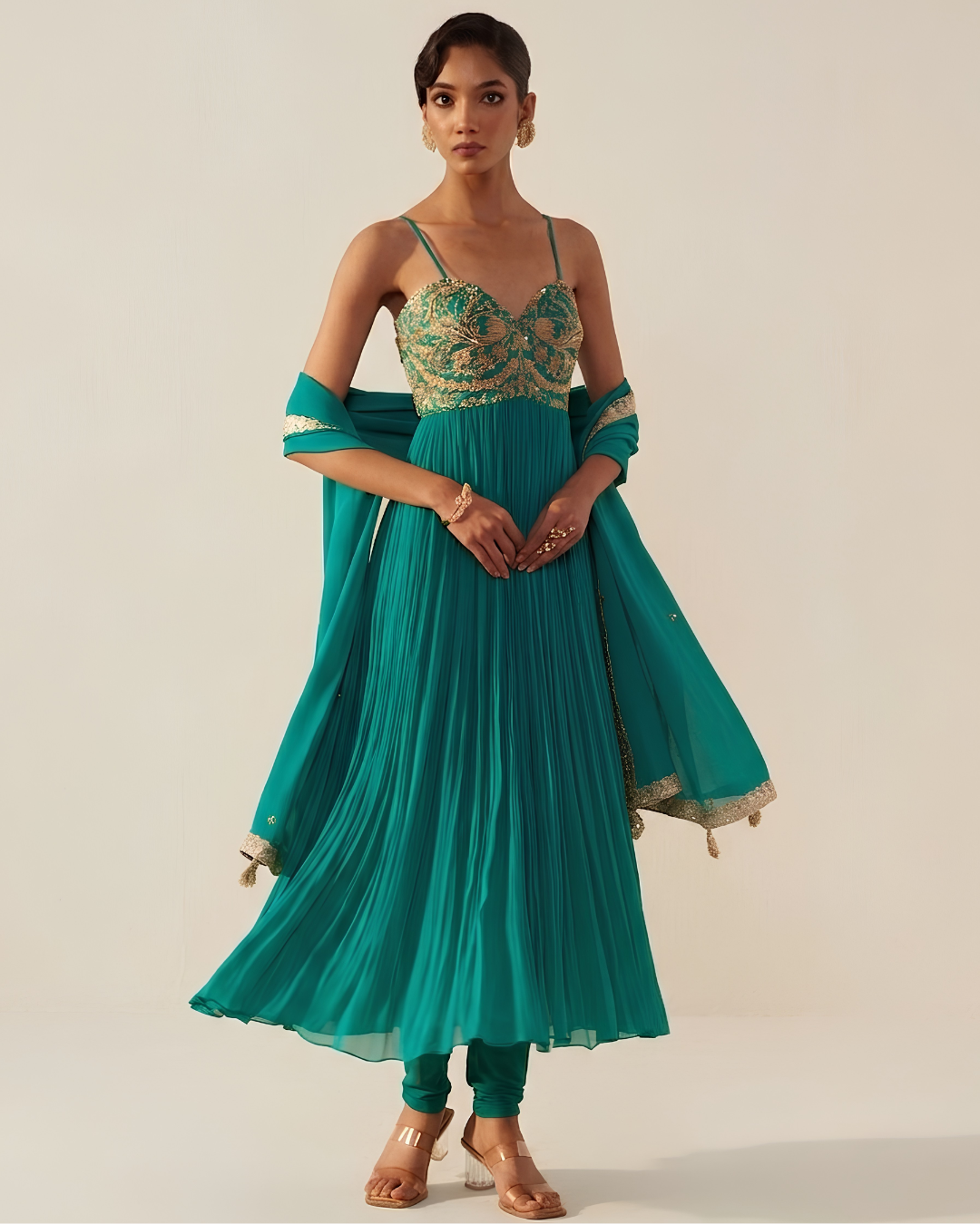 Sea Green Gathered Anarkali Dress